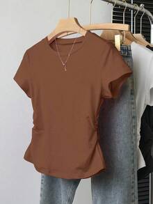 INAWLY 5件套女士休闲腰部褶皱短袖T恤，修身设计，白色、酒红色、黑色、咖啡色、浅灰色，适合日常穿着和户外穿着 - 彩色 - 查看 6