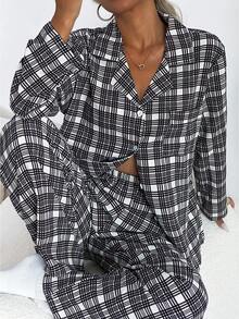 SHEIN 女士休闲黑白格纹印花长袖上衣和裤子睡衣套装，两件套睡衣，秋冬服装，圣诞节
