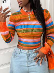 BamGleam Women's Striped Long Sleeve Casual Knit Sweater, Autumn/Winter - Multicolor - View 7