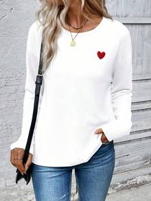 EMERY ROSE Women's New Fashion Heart Print Round Neck Long Sleeve T-Shirt - White - View 4