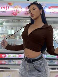 SHEIN EZwear Áo nỉ ngắn tay dài có khóa kéo màu trơn dành cho nữ, thời trang thu/đông - Cà phê nâu - Xem 6