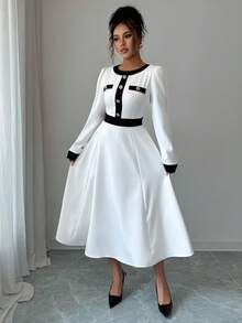 Franclia Gaun Elegan untuk Wanita dengan Desain Blok Warna dan Potongan Pinggang yang Rapi, Cocok untuk Musim Gugur. - Putih - View 6
