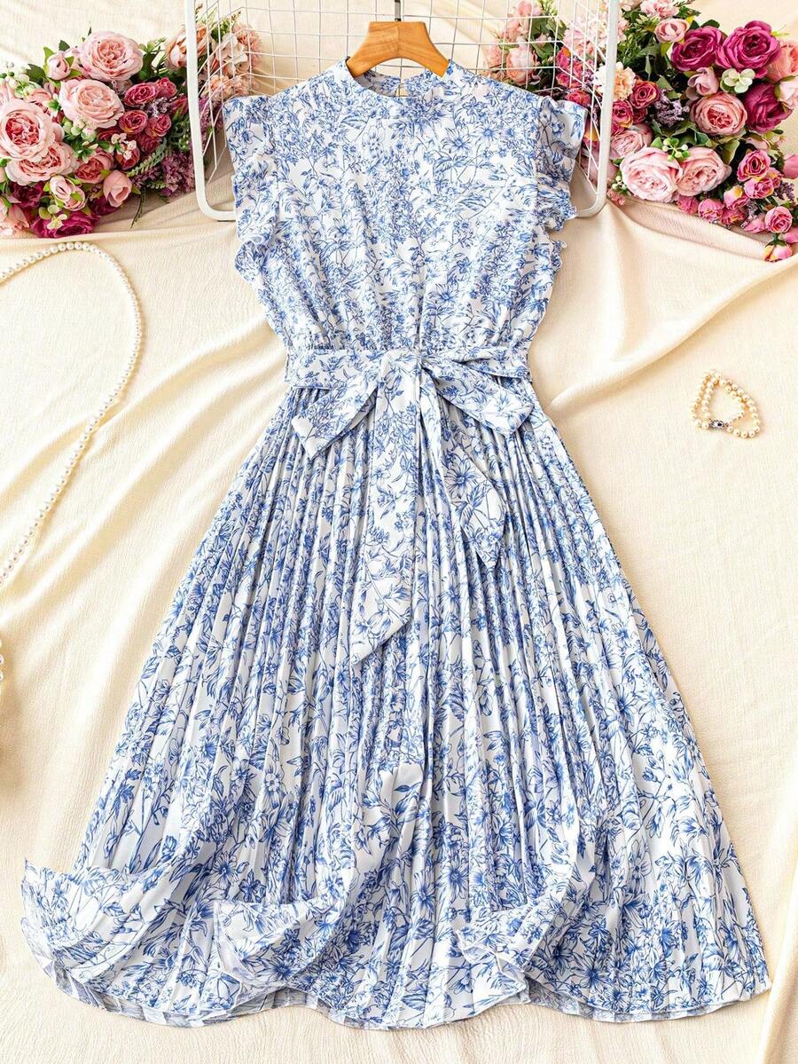 Franclia 女式花卉印花立领百褶腰休闲节日连衣裙