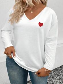 EMERY ROSE Women's Heart Print V-Neck Long Sleeve Plus Size T-Shirt, Popular For Autumn/Winter - White - View 4