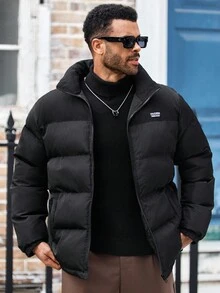 EASEVO Plus Size Men's Black Patchwork Winter Long Sleeve Coat, Fall - Black - View 4