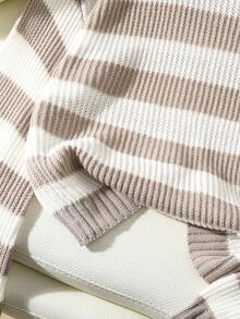 EMERY ROSE Casual Contrast Stripe Dropped Shoulder Loose Knit Sweater, Autumn Balloon Sleeve Sweater Striped Sweater Women Striped Sweater Striped Long Sleeve Sweater