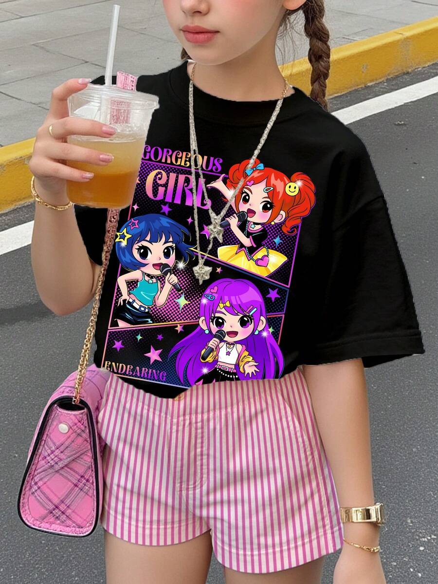 SHEIN Leap Crew 少女黑色卡通女孩,K-Pop 超级明星图案休闲简约短袖圆领T恤,适合所有季节日常穿着,秋季,轻松舒适,秋季叠穿,时尚休闲,图案精美,秋日时尚,秋季新款,冬季时尚,返校季,返校节,观点 - 黑色 - 查看 1