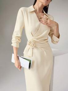 Heiryn Elegant V-Neck Ruched Collar Waist Pleated Floral Dress, Sophisticated Office Wear - Apricot - View 3