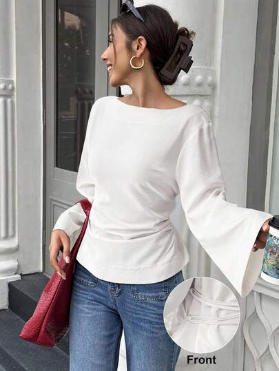 Easura Plusstorlek Enfärgad Båthalsad Plisserad Elegant Pendlare Långärmad Skjorta