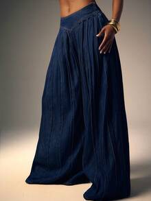 Denimoi Quần jeans denim ống rộng cạp cao xếp ly - Rửa tối - Xem 5