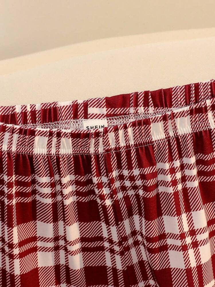 青少年女孩两件套睡衣套装，复古英式图案印花牛奶丝灰色圆领长袖上衣和格子印花宽松舒适下装，1 套 - 酒紅色 - 查看 3