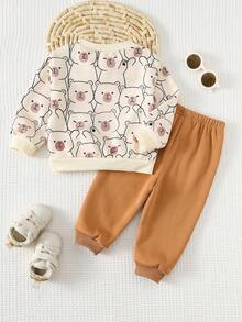 Cozy Pixies 2pcs Baby Boy Capybara Pattern Knit Soft Crew Neck Long Sleeve Pullover Sweatshirt And Elastic Waist Jogger Pants Set - Brown - View 2