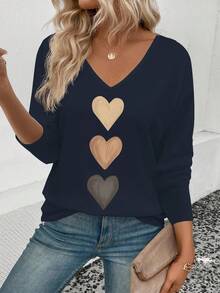 EMERY ROSE Women's V-Neck Cuff Sleeve, Popular Ombre Heart Print Casual Versatile Long Sleeve T-Shirt
