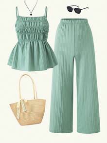 Sparklyn 2 件套青少年女孩休闲吊带背心和阔腿裤套装，梭织面料，松紧腰，夏季