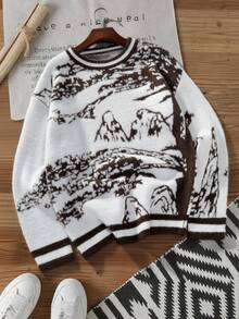 Manfinity EMRG Men's Casual Graphic Crew Neck Drop Shoulder Long Sleeve Sweater, Autumn - Multicolor - View 2