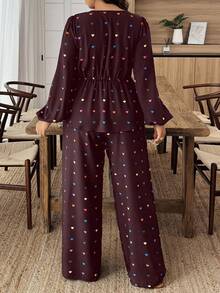 SHEIN LUNE Plus Size Heart Print Shirt And Pants 2 Pieces Set - Multicolor - View 2