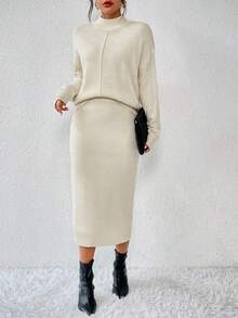 SHEIN Conjunto de 2 piezas de vestido de punto de unicolor casual para mujer - Albaricoque - Ver 3
