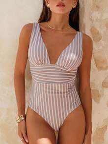 Swim Chiccia 條紋圖案褶邊連體泳衣 - 彩色 - 查看 3