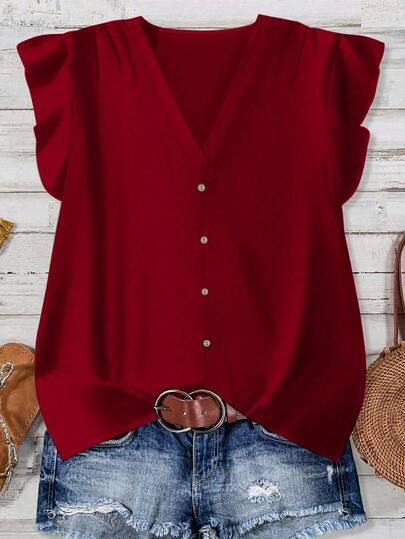 Rusticease Women's Casual Solid Color Blouse, Versatile For Outings, Christmas, Halloween, Suitable For Autumn/Summer,Red Top