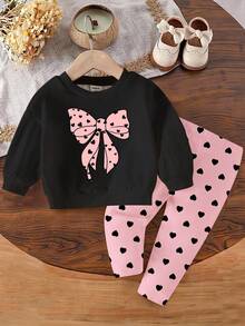 1 Set Baby Mädchen Lässig Süß Herz & Schleife Muster Sweatshirt mit Rundhalsausschnitt und Leggings Set, Rosa und Schwarz, bequeme Herbstoutfits, geeignet für Herbst/Winter
