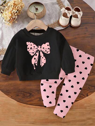1 Set Bambina Casual Dolce Cuore e Stampa a Fiocco Felpa Girocollo e Leggings, Rosa e Nero, Outfit Comodi per Autunno/Inverno