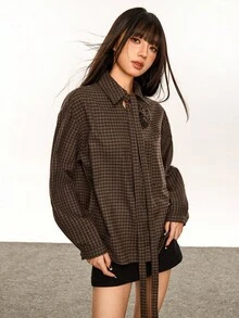 Rina Fox 休闲格子领结女式衬衫 - 棕色 - 查看 6