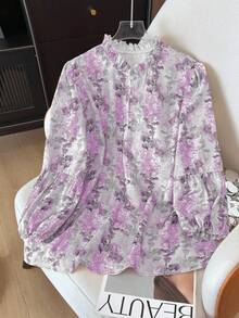 SHEIN Clasi 大码女士时尚休闲法式复古优雅通勤灯笼袖宽松衬衫 - 中紫紅色 - 查看 5