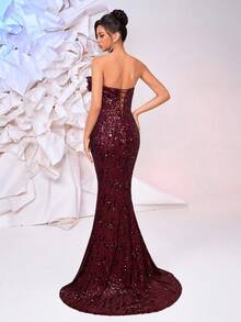 Glamrae Luxury Handmade Chocolate Brown Beaded Applique Mermaid Formal Evening Gown With Adjustable Lace-Up Back, Sophisticated Craftsmanship - Burgundy - View 2
