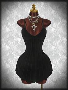 Y2K Amplova Women's Solid Color Toothpick Striped Design Fashionable Bodycon Cami Mini Dress Orange Dress - Black - View 3