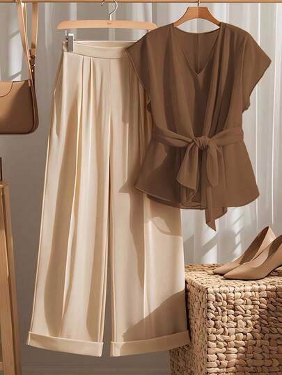 Franclia Women's Casual Summer Orange Short Sleeve Top And Pants 2 Pieces Set Maillard Style Summer Brown Clothes For University