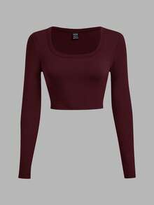 SHEIN EZwear 3件套黑色、灰色、酒红色休闲U领修身短款长袖T恤，适合秋冬季 - 彩色 - 查看 6