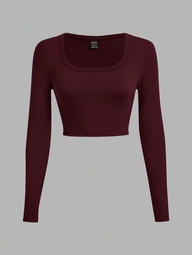 SHEIN EZwear 3pcs/Set Black, Gray, Wine Red Casual U-Neck Fitted Cropped Long Sleeve T-Shirts, Suitable For Autumn/Winter,Fall,Fall Clothes For Women - Multicolor - View 6