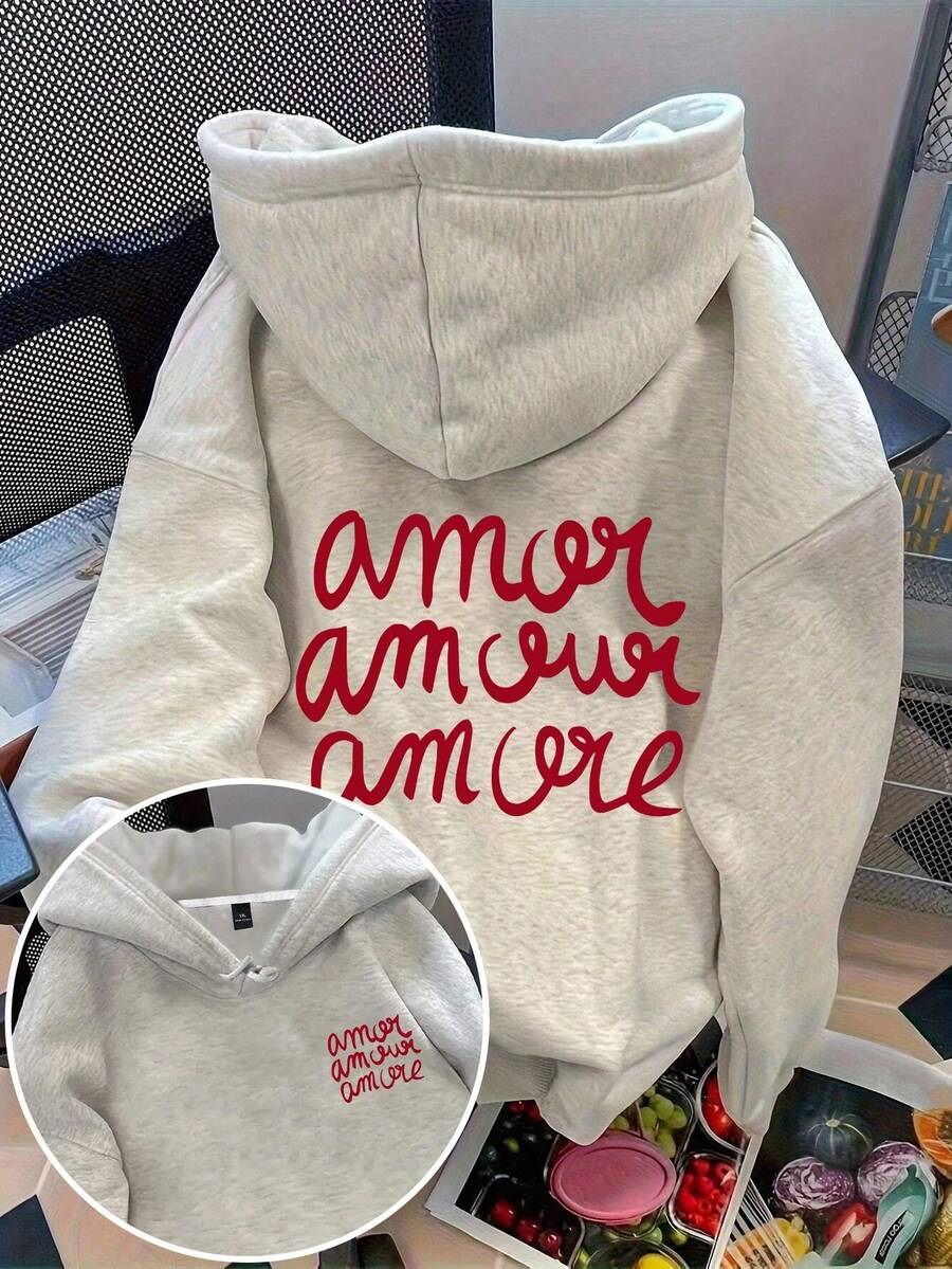 Flirla 大码女式“more”字母印花热销抽绳卫衣 - 灰色 - 查看 1