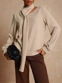 Lyxana Women's Casual Ribbed Cowl Neck Solid Color Minimalist Long Sleeve Sweatshirt - Brown - View 5