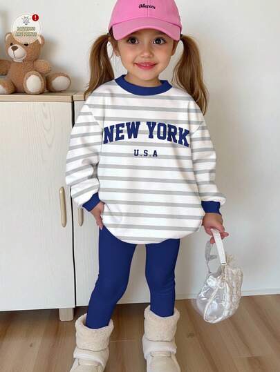 SHEIN Happikins 2pcs/Set Young Girl Casual Blue Striped NEW YORK Graphic Crew Neck Long Sleeve Sweatshirt And Leggings,Back-To-School College Style Autumn
