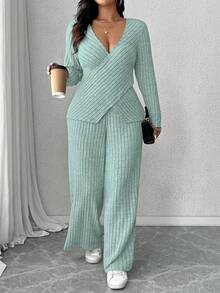 Calvaya Bộ đồ mặc nhà thường ngày 2 món áo thun dài tay dệt kim gân mềm mại cỡ lớn + quần ống rộng gân mềm mại - Màu xanh nhạt - Xem 1