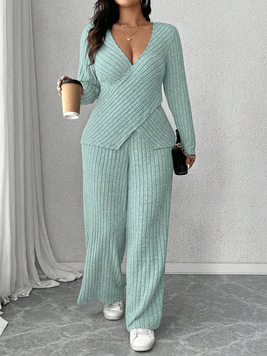 Calvaya Bộ đồ mặc nhà thường ngày 2 món áo thun dài tay dệt kim gân mềm mại cỡ lớn + quần ống rộng gân mềm mại - Màu xanh nhạt - Xem 1