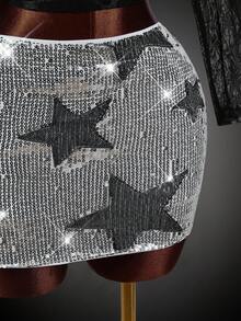 SHEIN ICON Star Pattern Sequin Skirt - Silver - View 6