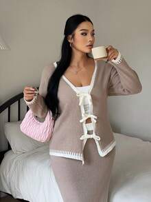 Flirla 秋冬新款简约蝴蝶结开衫毛衣连衣裙套装