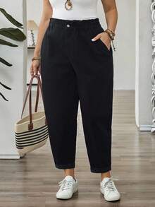 SHEIN CURVE+ 大码女式荷叶边腰袋锥形休闲牛仔裤 - 黑色 - 查看 10