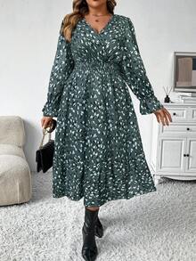 EMERY ROSE 大码女式秋冬时尚休闲 V 领碎花长款束腰连衣裙，修身廓形长款女装 - 水鴨藍 - 查看 4