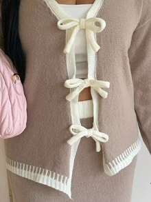 Flirla 秋冬新款简约蝴蝶结开衫毛衣连衣裙套装