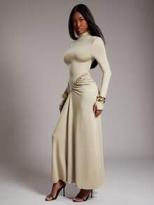 NYA SZN Women's Sage Green Elegant Long Sleeve Mock Neck Fitted Bodycon Flowy Cinch Ruche Detail Maxi Dress For Wedding Guest,Autumn Event,Dining & Night Out - Green - View 4