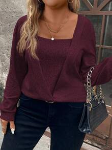 EMERY ROSE 女式柔软针织长袖休闲运动衫，加大码，秋冬 - 中紫紅色 - 查看 6