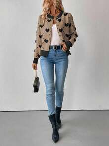 EMERY ROSE Loose Fit Intarsia Heart Knit Cardigan, Autumn/Winter Fall Cloth For Women - Khaki - View 4