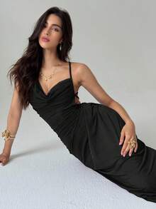 Aloruh 浪漫不对称露背系带中长连衣裙，带网眼覆盖层，粉色和紫色 - 黑色 - 查看 7