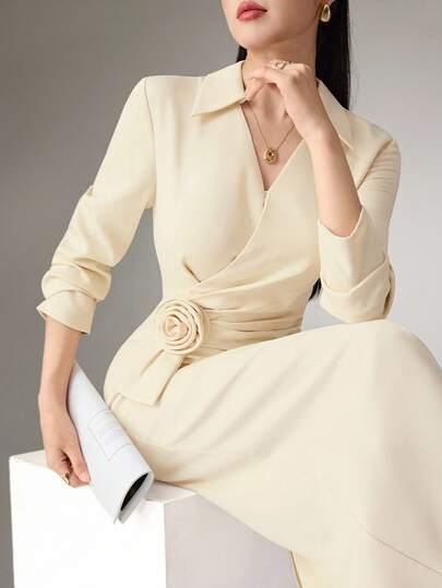 Heiryn Elegant V-Neck Ruched Collar Waist Pleated Floral Dress, Sophisticated Office Wear