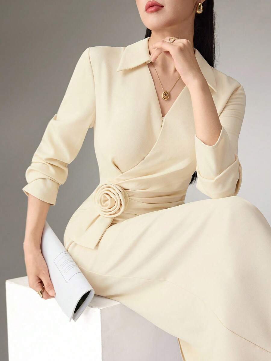 Heiryn Elegant V-Neck Ruched Collar Waist Pleated Floral Dress, Sophisticated Office Wear - Apricot - View 1