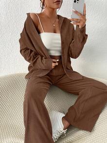 SHEIN Unity 纯色落肩衬衫和裤子 - 棕色 - 查看 5