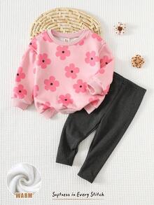 Cozy Pixies Set de 2 piezas de sudadera con cuello redondo de punto suave con mangas raglán y estampado floral y leggings de cintura elástica para niña bebé - Rosa - Ver 3